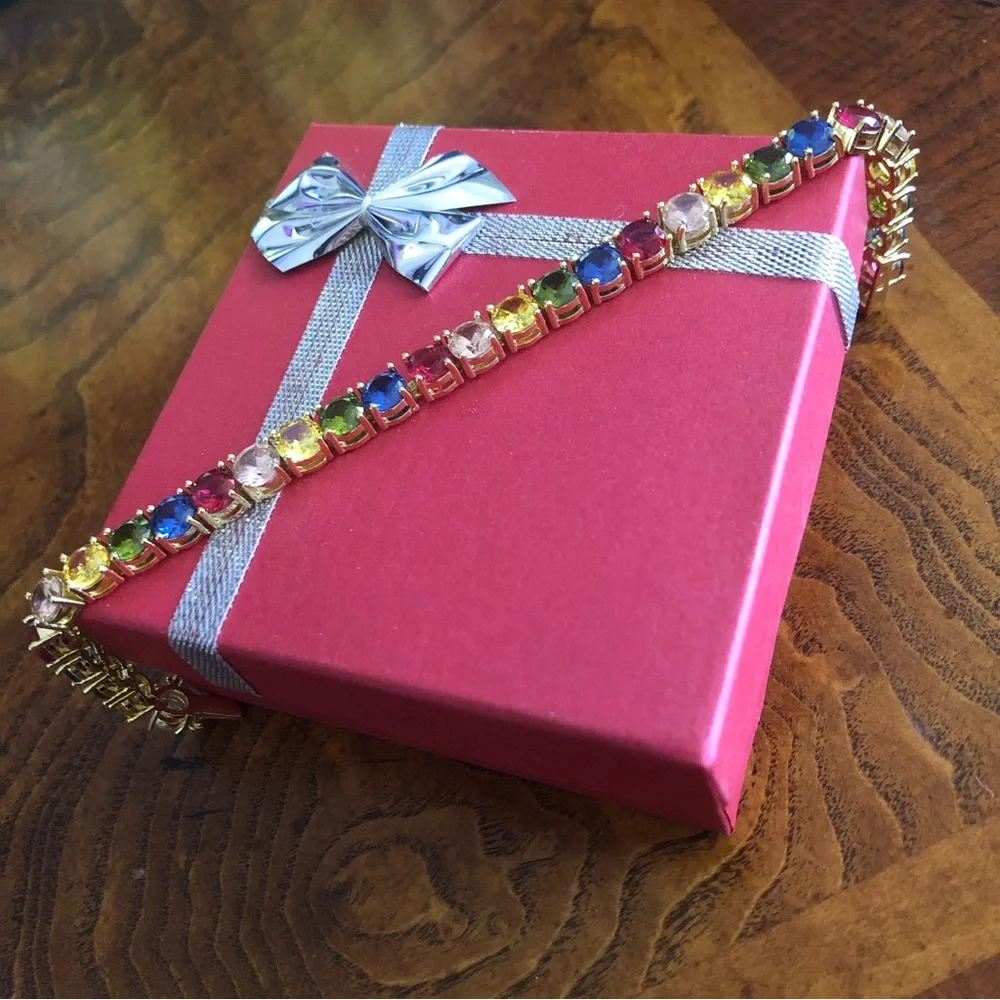 Ladies 18kt gold plated colorful 6mm faceted cubic zirconia tennis bracelet